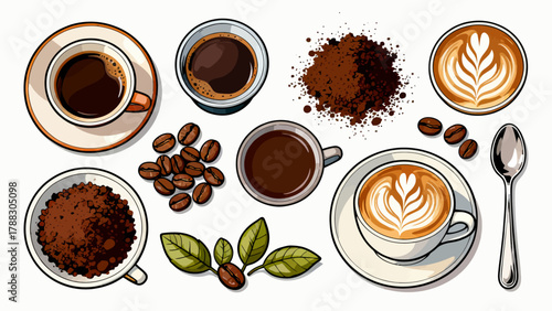 A variety of coffee collections, cartoon hand-drawn vector illustrations, lattes, Americano, mocha, Italian coffee, coffee beans, coffee powder, latte art coffee, coffee POTS