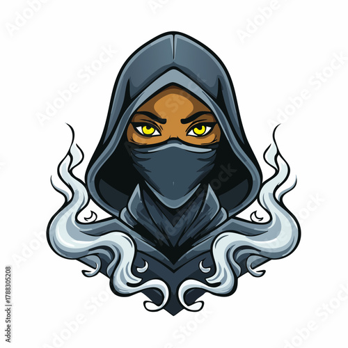 Hooded woman with yellow eyes and a face covering, surrounded by smoke.