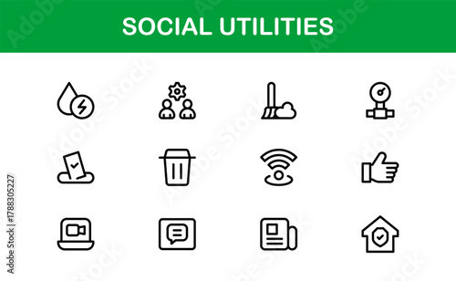Sleek Social Utilities and Community Services Icon Pack displaying Civic Tools, Community Dashboards, and Public Apps
