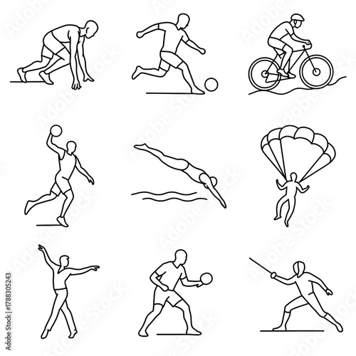 Sports line icons depicting various athletic activities and exercises  