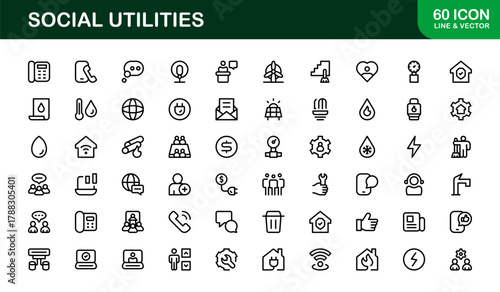 Elegant Social Utilities and Community Services Icon Library illustrating Civic Tools, Public Apps, and Community Dashboards
