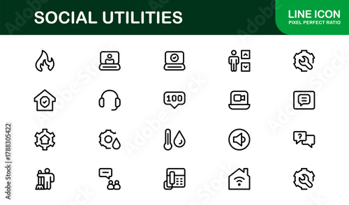 Minimal Social Utilities and Community Services Icon Pack showing Civic Programs, Public Apps, and Support Tools
