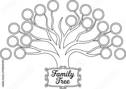 Blank family tree chart with empty circular frames