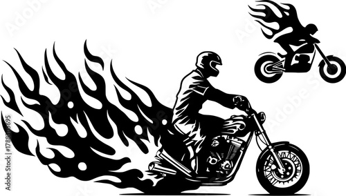 Set of custom chopper motorcycles with dramatic flames on wheels and frames, Black and white illustration isolated on transparent background