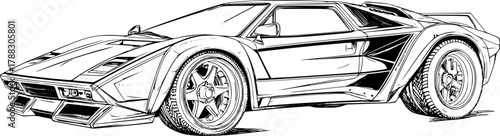 Detailed outline drawing of a retro sports car with large racing wheels and aerodynamic body for automotive design sketch, coloring page, and engineering illustration