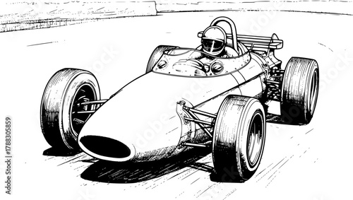 Retro race car with open cockpit and large tires in hand drawn black and white outline illustration artwork