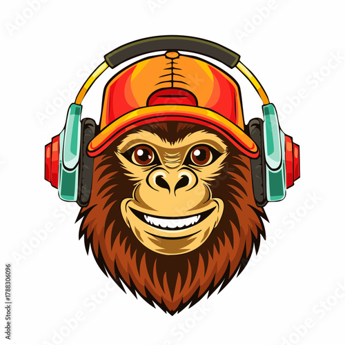 A cartoon illustration of a smiling monkey wearing a baseball cap and headphones.