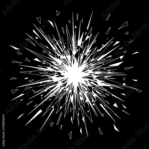 Abstract illustration of a dynamic burst with white shattered fragments exploding from a central point on a black background, symbolizing impact, energy, or destruction