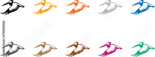 Stylized pelicans in various colors in flight bird, Colorful pelican silhouettes flying vector art