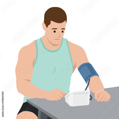 Man Checking Blood Pressure with Digital Monitor. Flat vector illustration isolated on white background
