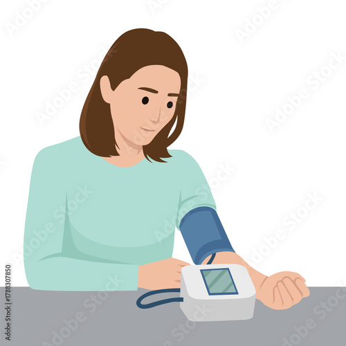 Woman Checking Blood Pressure with Digital Monitor. Flat vector illustration isolated on white background