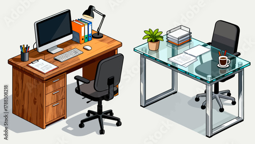Business desk collection, cartoon hand-drawn vector illustrations, business work scenarios: computers, chairs, documents, stationery, desks