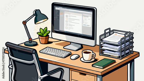 Business desk collection, cartoon hand-drawn vector illustrations, business work scenarios: computers, chairs, documents, stationery, desks