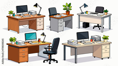 Business desk collection, cartoon hand-drawn vector illustrations, business work scenarios: computers, chairs, documents, stationery, desks