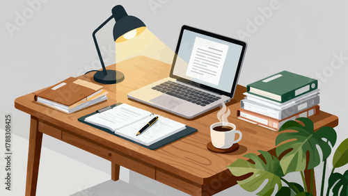 Business desk collection, cartoon hand-drawn vector illustrations, business work scenarios: computers, chairs, documents, stationery, desks