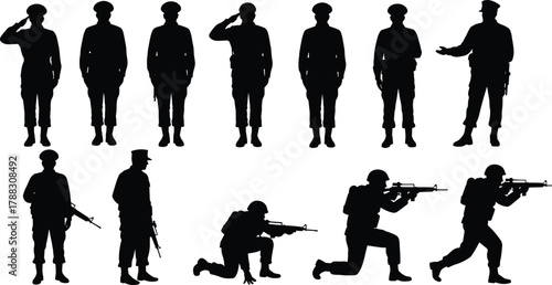 Military soldier silhouette vector illustration set with saluting, standing, and shooting poses, perfect for army training, defense, tactical, and combat design projects