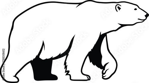 Minimalist vector illustration of a walking polar bear in black and white outline style, wildlife conservation design, arctic animal concept, modern silhouette artwork