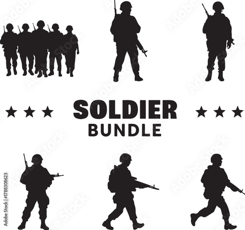 Soldier Silhouette Bundle Vector Collection
Military Soldier Silhouettes with Rifles and Gear
Army Troops Silhouette Set for Graphic Design