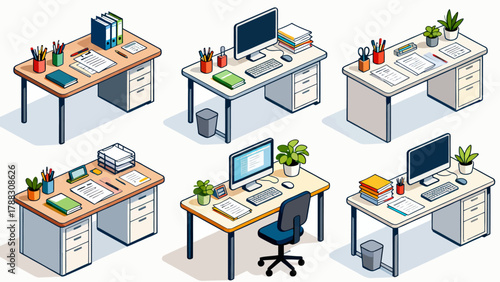 Business desk collection, cartoon hand-drawn vector illustrations, business work scenarios: computers, chairs, documents, stationery, desks