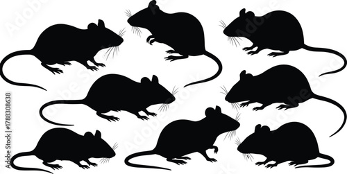 Mouse and rat silhouette vector illustration collection, black rodents isolated on white background, wildlife animal design, pest control, biology and nature concept