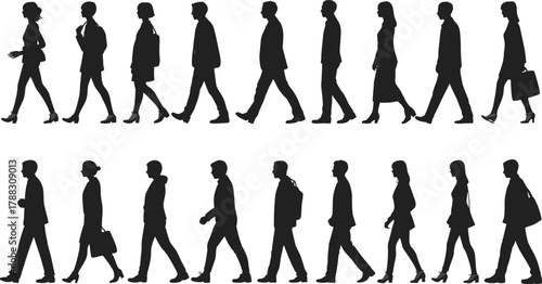 Silhouette of business people walking in formal clothes isolated on white background, men and women professionals vector illustration for office design