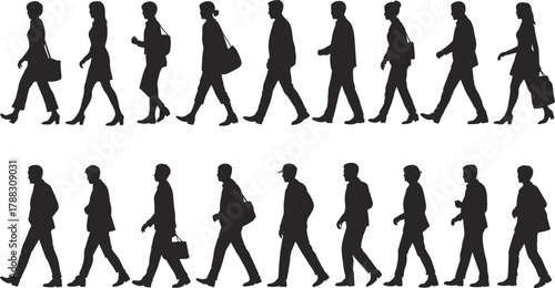 Silhouette of business people walking in formal office clothes isolated on white background, men and women professionals vector illustration for design