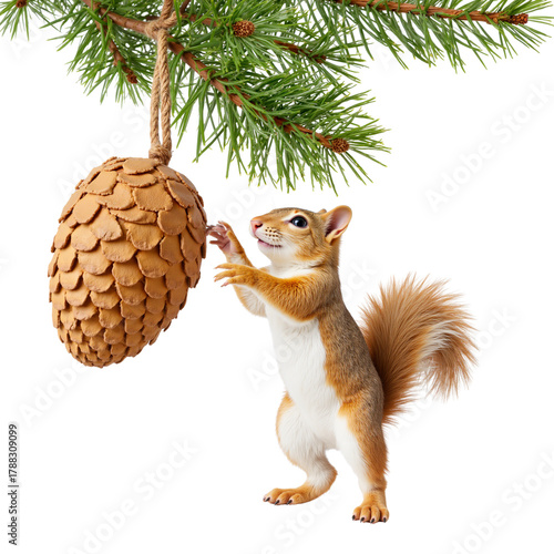 Squirrel reaching for large pine cone hanging from tree branch  