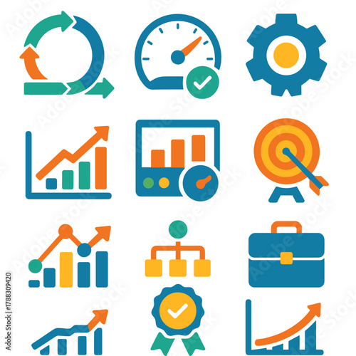 Business Agility Icons. Professional Business Agility flat icons: structured process loop, verified speed gauge, enterprise chart, corporate gear, KPI arrow, performance dashboard,