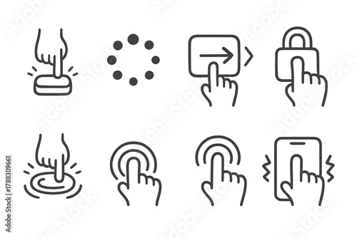 Doodle Mobile Icon Set. Interactive Mobile Buttons outline icons: press animation button, loading spinner icon, swipe action button, hold-to-confirm button, dynamic feedback glow,