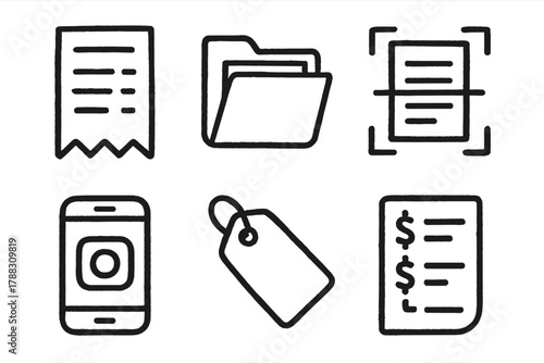 Receipt Organization Icons. Receipt Organization outline icons: paper receipt, document folder, scan icon, smartphone camera, tag label, expense list.