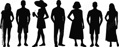 Silhouette of diverse people standing in casual summer clothing isolated on white background, men and women vector illustration for lifestyle design