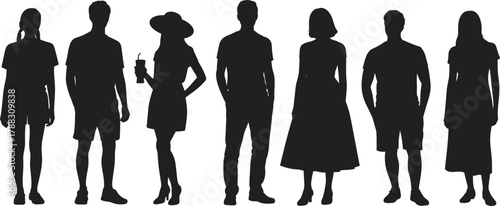 Silhouette of diverse people standing in casual summer outfits isolated on white background, men and women vector illustration for lifestyle design