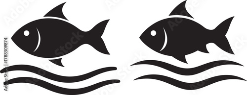 Two fish swimming in waves silhouette