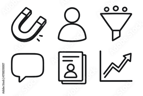 Client Acquisition Icons. Client Acquisition outline icons: magnet icon, user profile, sales funnel, chat bubble, contact list, conversion graph.