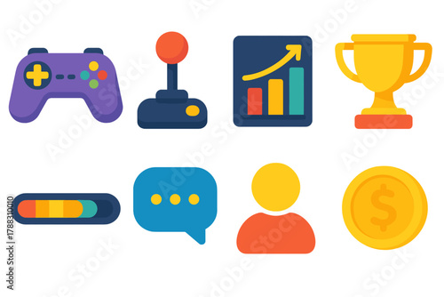 Modern Gaming Icons. Gaming Hubs flat icons: game controller, joystick, leaderboard chart, trophy, loading bar, chat bubble, avatar icon, virtual coin.