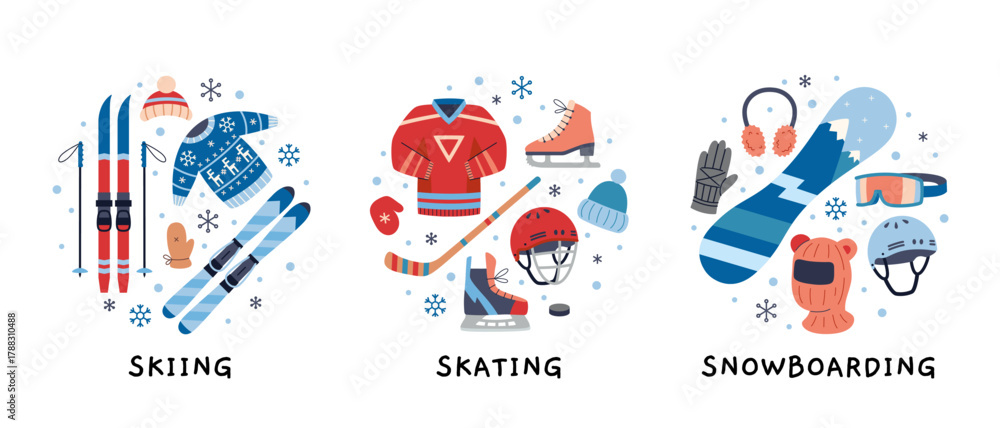 Naklejka premium Winter sports equipment set with skiing, skating and snowboarding gear. Trendy modern vector illustration isolated on white background, hand drawn, flat design