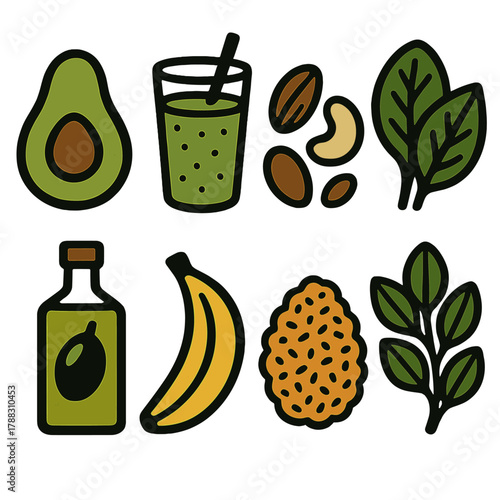 Bold Vegetarian Icons. Healthy Vegetarian silhouette icon set: avocado, smoothie glass, nuts, legumes, green leaves, olive oil bottle, banana, whole grains.