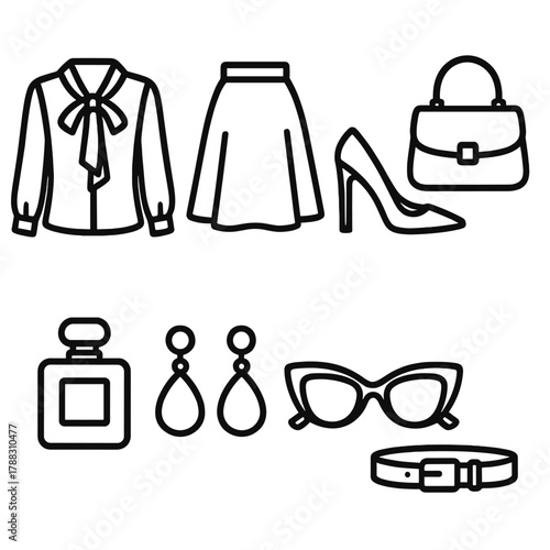 Chic Fashion Icons. Chic Style Collection linear icon set: blouse, skirt, heels, handbag, perfume, earrings, sunglasses, belt.