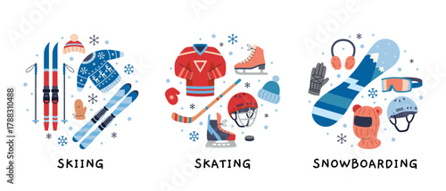 Winter sports equipment set with skiing, skating and snowboarding gear. Trendy modern vector illustration isolated on white background, hand drawn, flat design