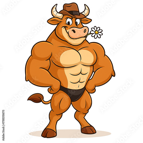 Muscular cartoon bull wearing a hat and holding a flower  