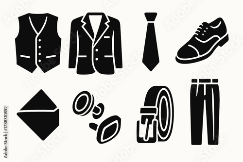 Classic Formal Icons. Classic Formal Wear Set silhouette icon set: waistcoat, suit jacket, tie, polished shoes, pocket square, cufflinks, belt, trousers.