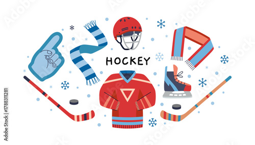 Set of hockey equipment like helmet, jersey, skates, stick and puck. Winter sport and team competition concept. Trendy modern vector illustration isolated on white, hand drawn, flat design