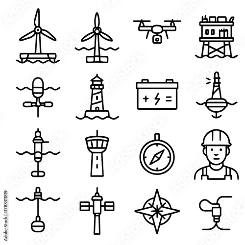 Marine Energy Icons. Marine Renewable Energy linear icon set: floating wind turbine, tidal generator, maintenance drone, substation, wave energy converter, lighthouse, battery