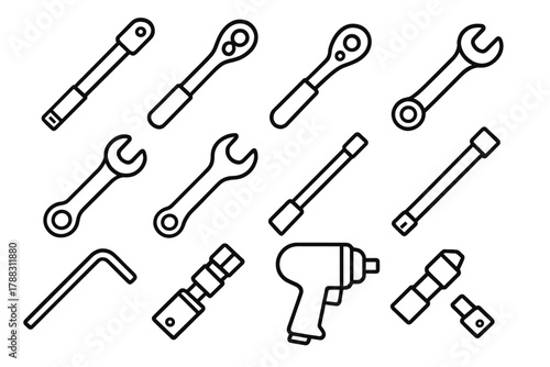 Wrench Icon Set. Mechanical Wrenches linear icon set: torque wrench, socket wrench, ratchet, open-end wrench, ring spanner, adjustable wrench, extension bar, breaker bar, allen key