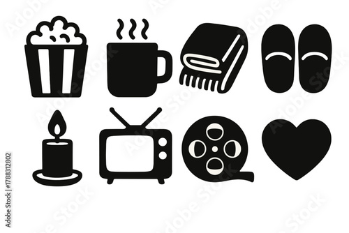 Cozy Movie Icons. Cozy Movie Icons silhouette icon set: popcorn, mug, blanket, slippers, candle, TV, film reel, heart.