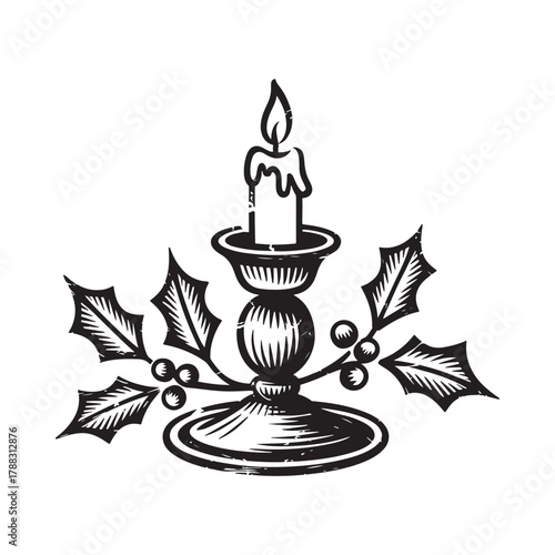Vintage candle holder with holly and berries illustration