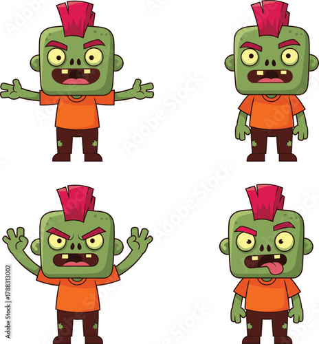Cartoon green character with red mohawk in four expressive poses, emotional vector set for animation, storytelling, and character design.