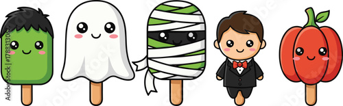 Cartoon Halloween popsicle characters in festive costumes—Frankenstein, ghost, mummy, vampire, pumpkin—cute vector set for kids seasonal content.