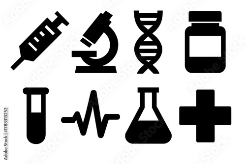 Bold Medical Icons. Medical Research silhouette icon set: syringe, microscope, DNA strand, pill bottle, test tube, heartbeat line, flask, cross symbol.