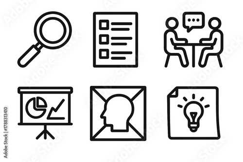 User Research Icons. User Research linear icon set: magnifying glass, survey form, interview icon, analytics chart, empathy map, insight note.